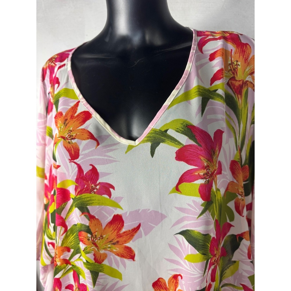 Susan Graver‎ Floral Print V Neck Caftan Top 2X 3XL Pink Orange Green - Picture 5 of 13
